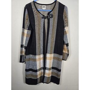Anne Klein Plaid Cardigan Duster Open Front Long Sleeve Black‎ Tan Gray S